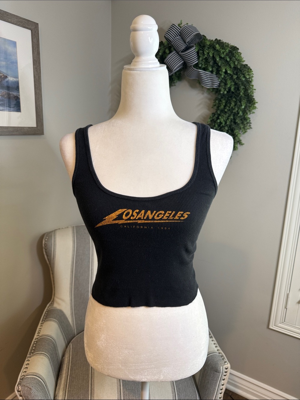 Brandy Melville Black Ribbed Tank with Gold 'Los Angeles' Logo